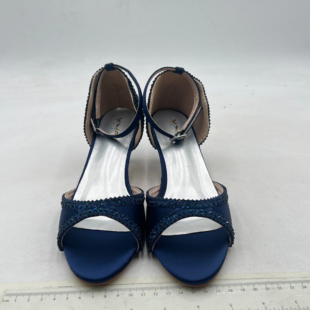 XYD Navy Open Toe Rhinestones Ankle Strap Sandals Low Heel Bridal Evening Shoes - Picture 3 of 8